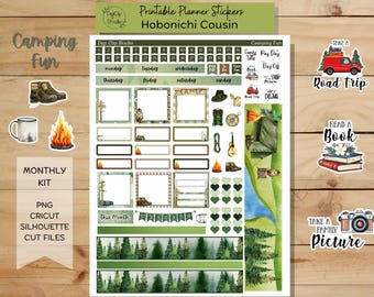 Camping Fun Hobonichi Cousin Sticker Kit, Monthly, Printable Planner Stickers, Vacation, Digital Stickers, PNG, Cricut, Silhouette