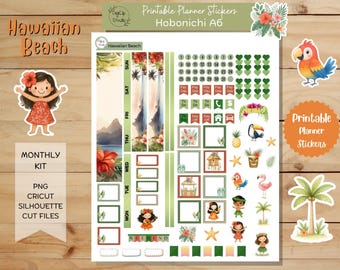 Hawaiian Beach Hobonichi Stickers A6 Monthly Sticker Kit, Printable Stickers, Planner, Journal, Summer, Digital Stickers, Cricut, Silhouette