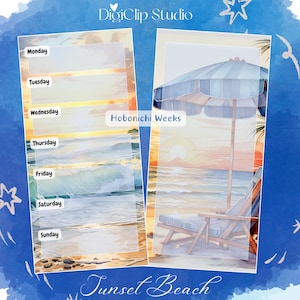 May include: A printable planner page with a sunset beach scene. The page is divided into seven sections for each day of the week, Monday through Sunday. The background features a beach with an umbrella, a chair, and a sunset sky. The text "Hobonichi Weeks" and "Sunset Beach" are visible on the page.