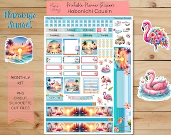 Flamingo Sunset Hobonichi Cousin Sticker Kit, Monthly, Printable Planner Stickers, Ocean, Digital Stickers, PNG, Cricut, Silhouette