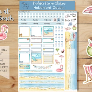 Fun at the Beach Hobonichi Cousin Sticker Kit, Monthly, Printable Planner Stickers, Summer, Digital Stickers, PNG, Cricut, Silhouette