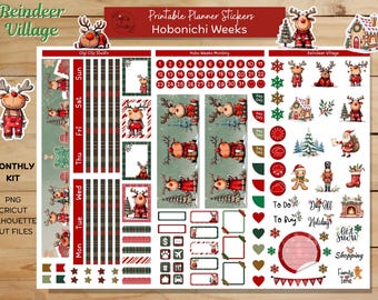 Rentier Dorf Hobonichi Aufkleber Wochen Monatliches Kit Druckbare Planner Stickers, Weihnachten, PNG, Cricut, Silhouette