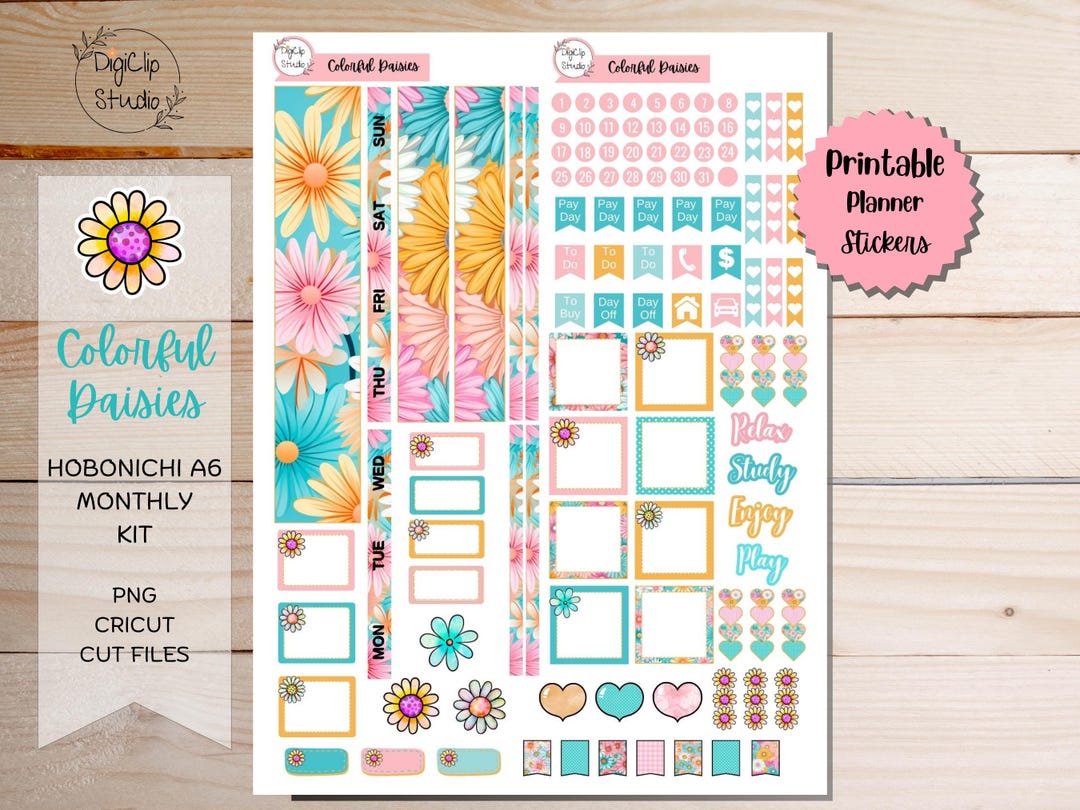 Colorful Daisies Hobonichi Stickers A6 Monthly Sticker Kit, Printable ...