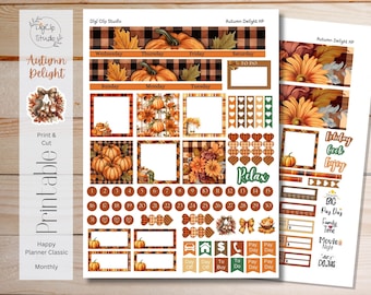 May include: Printable planner stickers with an autumn theme. The stickers feature pumpkins, leaves, and a plaid pattern in shades of orange, brown, and green. The stickers are designed for use with a classic monthly planner.