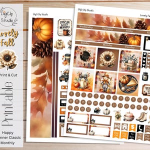 Könnte beinhalten: Druckbare Planer-Aufkleber mit Herbstthema. Das Design umfasst Kürbisse, Sonnenblumen, Blätter und den Text "Lovely Fall". Die Aufkleber sind für einen Happy Planner Classic Monthly konzipiert.
