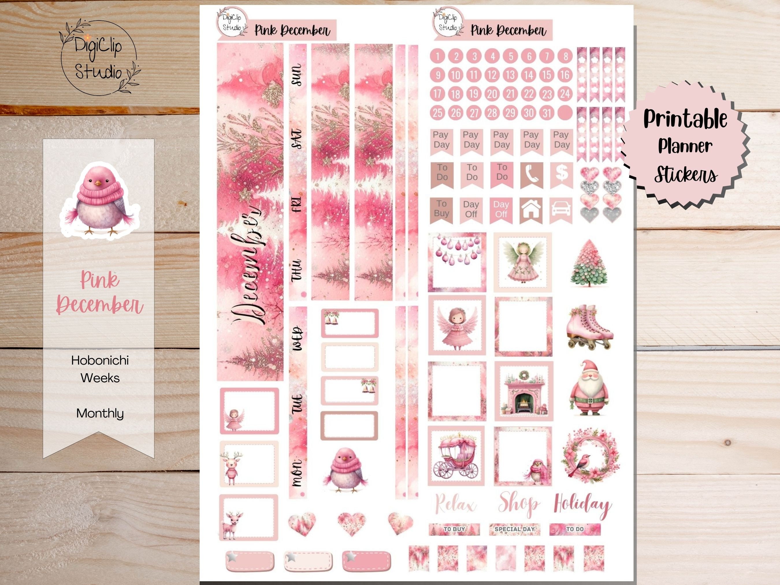 Pink December Hobonichi Stickers Weeks December Monthly Kit Printable ...