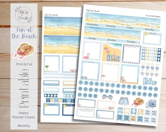 Fun at the Beach Happy Planner Stickers Classic Monthly Kit Printable Planner Stickers, Pre-Cut, PNG, Cricut, Silhouette