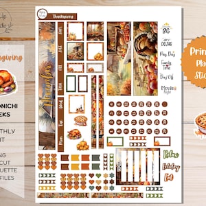 May include: Printable planner stickers with a Thanksgiving theme. The stickers feature a variety of designs, including a turkey, pumpkins, leaves, and a pie. The stickers are perfect for adding a touch of fall to your planner.