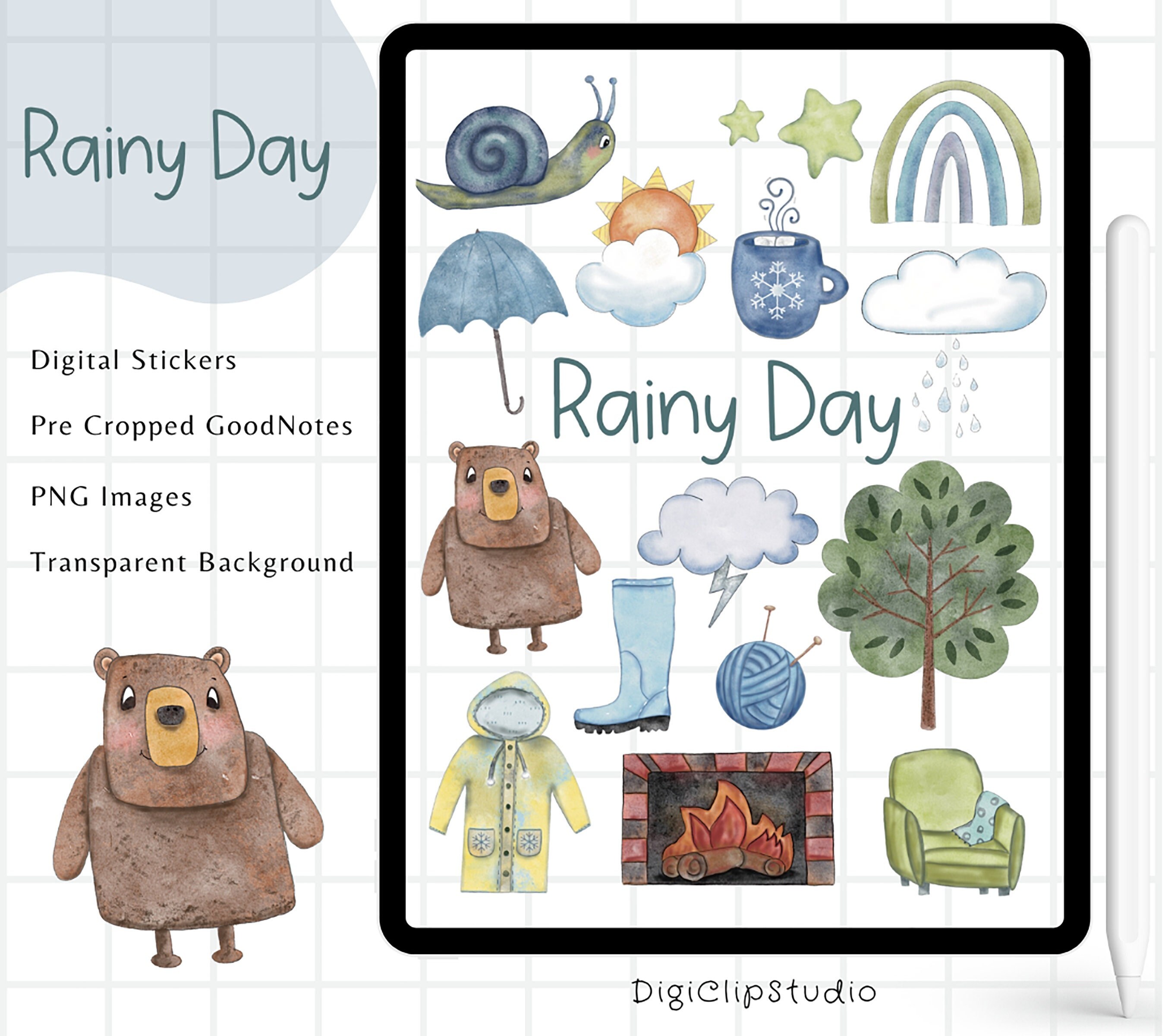 Rainy Day Digital Clip Art, Goodnotes Clip Art, Scrapbook Stickers ...