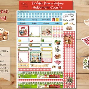 Picnic Day Hobonichi Cousin Sticker Kit, Monthly, Printable Planner Stickers, July, Summer, Digital Stickers, PNG, Cricut, Silhouette