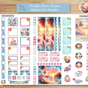 May include: Printable planner stickers featuring a flamingo sunset theme. The stickers include a weekly kit with boxes for each day of the week, a flamingo sunset scene, and various other stickers with phrases like "Beach vibe" and "Relax".