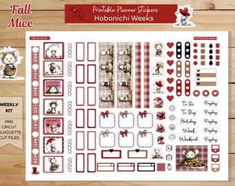 Fall Mice Hobonichi Stickers Weeks Weekly Kit Printable Planner Stickers, Digital, PNG, Cricut, Silhouette