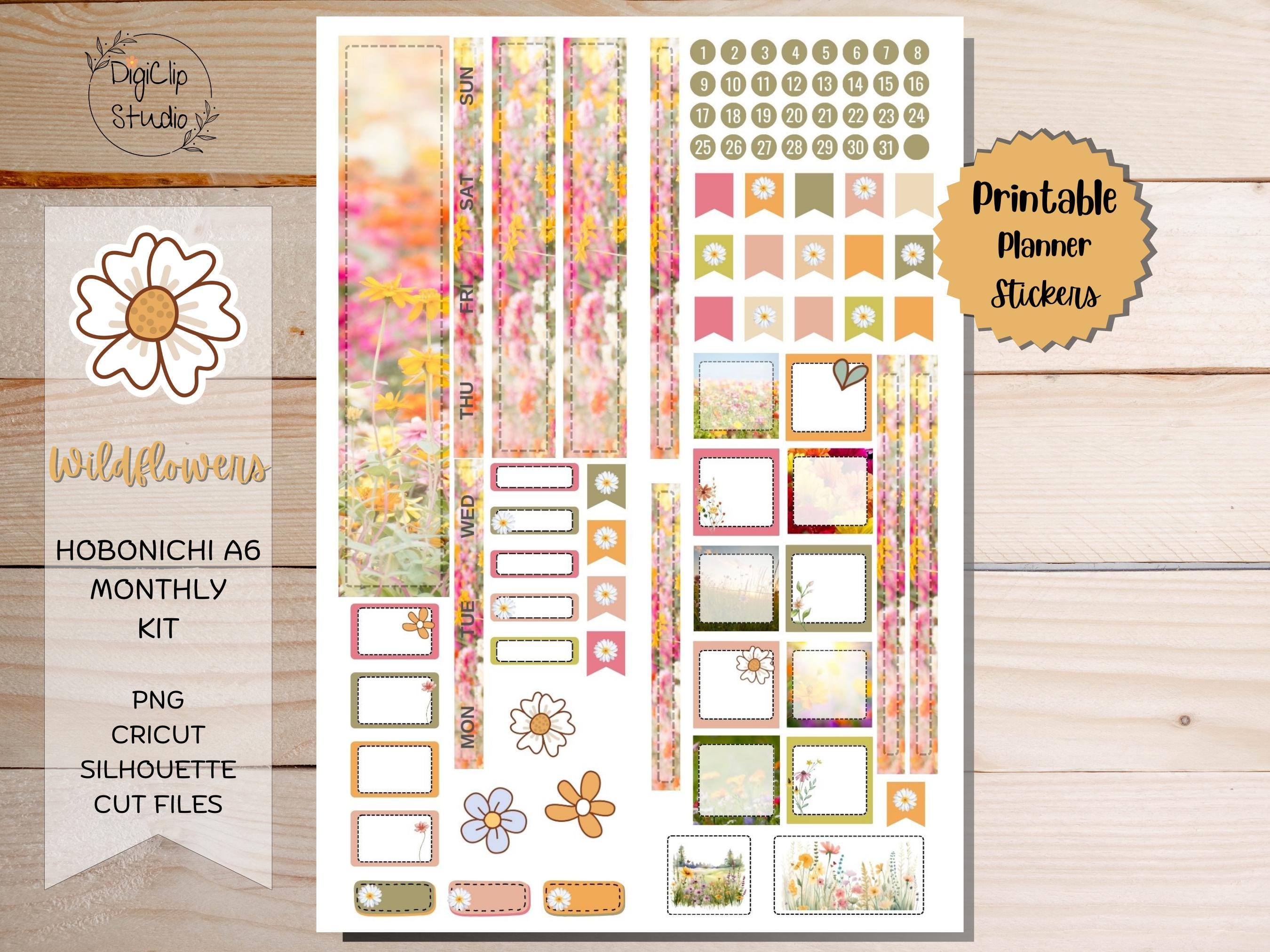 Wildflowers, Hobonichi Stickers A6 Monthly Sticker Kit,  Printable Stickers, Flower, Digital Stickers, PNG, Cricut, Planner, Journal