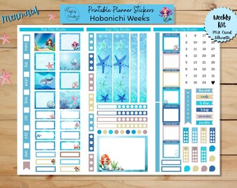 Mermaid Hobonichi Weeks Stickers Weekly Kit Printable Planner Stickers, Beach, Ocean, Summer, Printable, Digital Stickers, PNG, Cricut