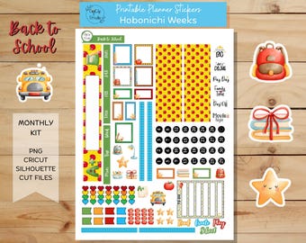 Op de afbeelding: Printbare planner stickers voor Hobonichi Weeks met een terug naar school thema. De stickers bevatten een schoolbus, een rugzak, een stapel boeken, een ster en verschillende andere schoolthema-ontwerpen. De stickers zijn in verschillende kleuren, waaronder rood, geel, blauw en groen.