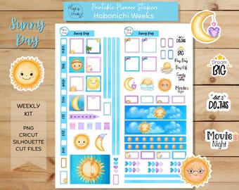 Sunny Day Hobonichi Stickers Printable Weeks Weekly Sticker Kit, Planner Stickers, Summer, Sun, Moon, Cricut, Silhouette, PNG