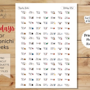Peut inclure: Une feuille numérique de petits autocollants colorés pour agenda présentant divers noms de fêtes et icônes correspondantes, comme le Nouvel An, la Saint-Valentin et Halloween. La feuille inclut des textes comme Holidays for Hobonichi Weeks et Printable Planner Stickers, avec un autocollant First Day of Fall séparé.