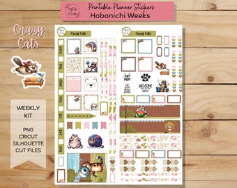 Crazy Cats Hobonichi Weeks Weekly Sticker Kit, Printable Planner Stickers, Cat, Animal, Pet, Digital Stickers, PNG, Cricut, Silhouette