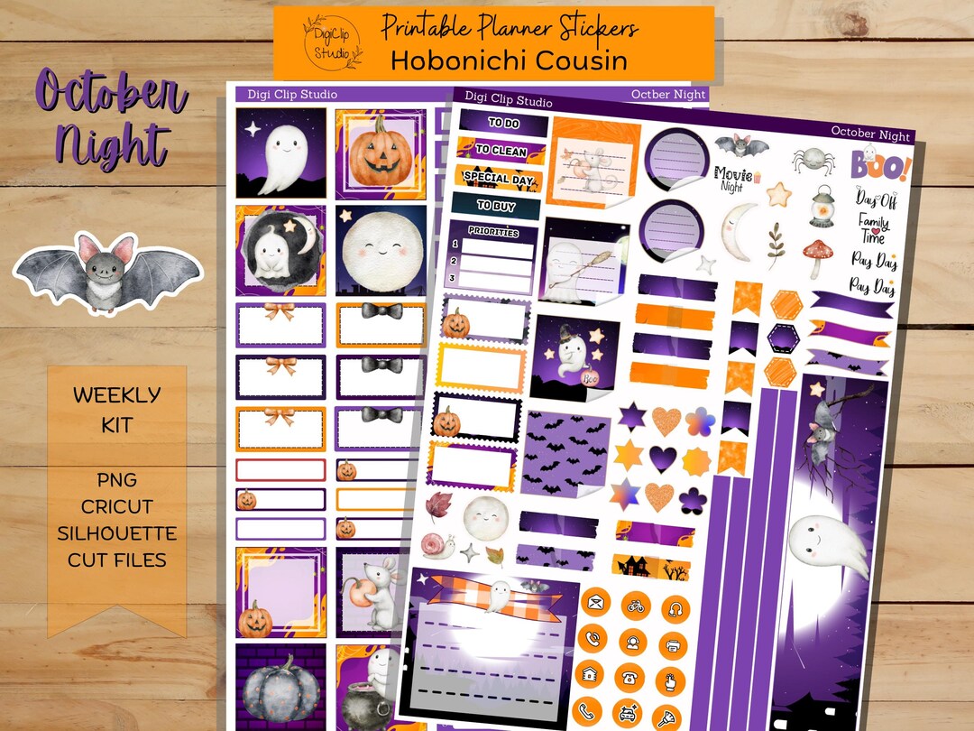October Night Hobonichi Cousin Sticker Kit, Weekly, Printable Planner ...