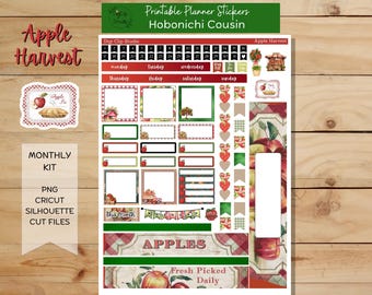 Puede incluir: Pegatinas de planificador imprimibles para el Hobonichi Cousin con un tema de cosecha de manzanas. Las pegatinas incluyen un calendario, días de la semana, un kit mensual y varios diseños con temática de manzanas.