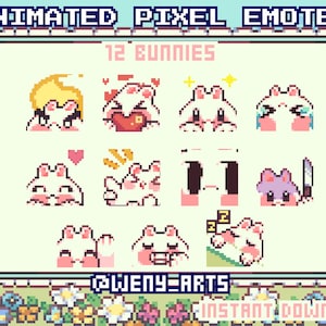 May include: A digital illustration of 12 animated pixel bunny emotes. The emotes are in a grid format and feature different expressions, including hearts, lightning bolts, and a knife. The text "12 Bunnies" is at the top of the grid. The text "@Gweny_Arts" is at the bottom of the grid. The text "Instant Download" is at the bottom right of the grid.