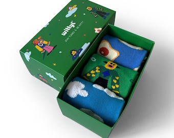 ノベルティソックスギフトボックス：エンボス加工の雲、目玉焼き、エイリアン