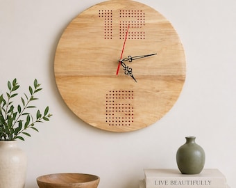 14 Inch Modern Wooden Wall Clock Digital Style Minimalist Wood Clock Unique Red Dot Design Silent Home Décor