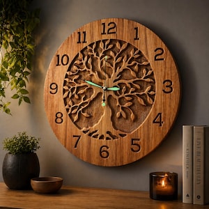 May include: A round wooden wall clock with a tree of life design carved into the center. The clock has large, easy-to-read numerals and black hands. The clock is approximately 12 inches in diameter.