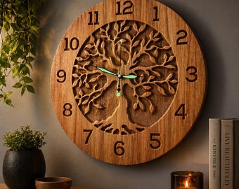 Tree of Life Wooden Wall Clock Large Handmade Carved Wood Clock Rustic Home Décor Silent Wall Clock