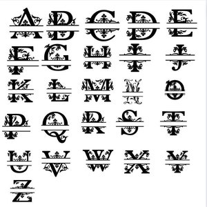 May include: A set of 26 black and white split monogram letters with decorative flourishes. Each letter is split in half with a horizontal line. The letters are in alphabetical order from A to Z.
