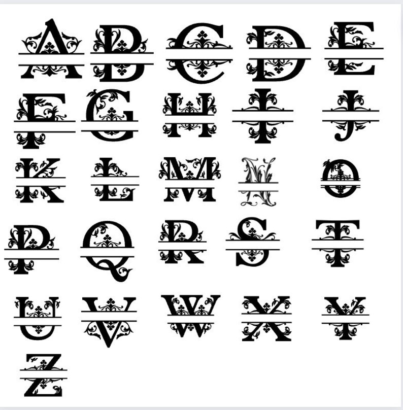 May include: A set of 26 black and white split monogram letters with decorative flourishes. Each letter is split in half with a horizontal line. The letters are in alphabetical order from A to Z.