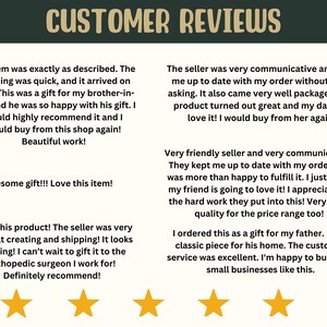 May include: Five customer reviews with five-star ratings for a product. The reviews highlight the quality of the product, the seller's communication, and the speed of shipping. The reviews also mention that the product is a great gift.