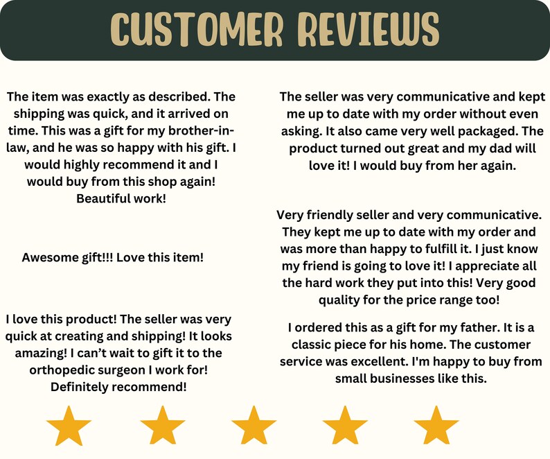 May include: Five customer reviews with five-star ratings for a product. The reviews highlight the quality of the product, the seller's communication, and the speed of shipping. The reviews also mention that the product is a great gift.