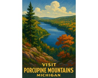 Porcupine Mountains, Lake of the Clouds Michigan Print - Vintage Travel Poster