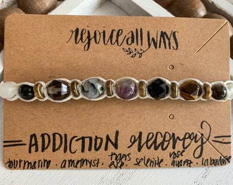 ADDICTION RECOVERY- Adjustable Affirmation Bracelet (Tourmaline, Amethyst, Tiger's Eye, Selenite, Rose Quartz, Labradorite)