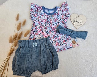 Baby Sommerset, Shirt, Shorts, Haarband, Blumen, blau