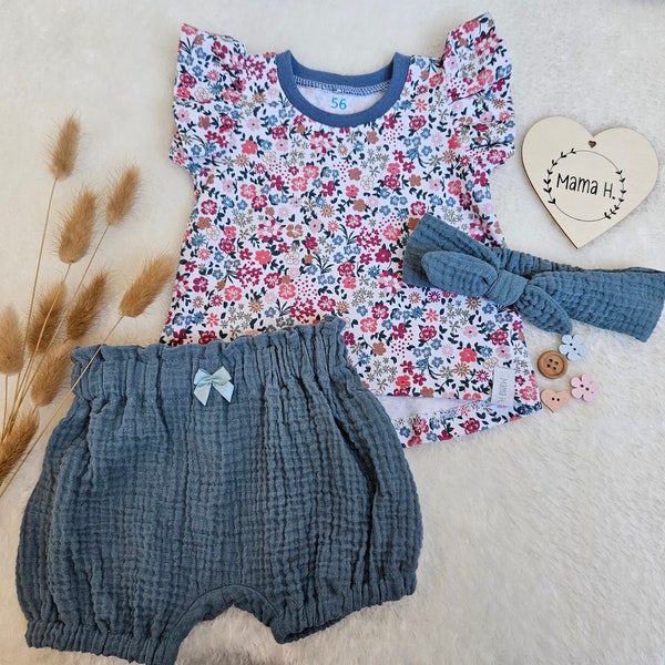 Baby Sommerset, Shirt, Shorts, Haarband, Blumen, blau