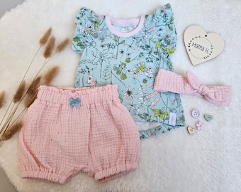Baby Sommerset, Shirt, Shorts, Haarband, Blumen, mint/rosa
