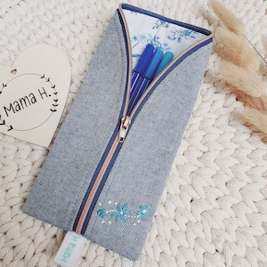 Pencil case, blue, utensil bag, make-up bag with embroidery