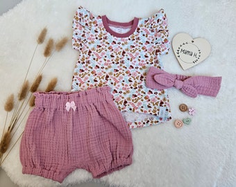 Baby Sommerset, Shirt, Shorts, Haarband, Blumen rosa