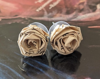Mistborn Trilogy by Brandon Sanderson Recycled Paper Rose Book Earrings | Handmade Mini Stud Earrings