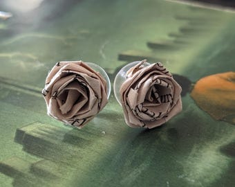 Percy Jackson & the Olympians Series by Rick Riordan Recycled Paper Rose Book Earrings | Handmade Mini Stud Earrings