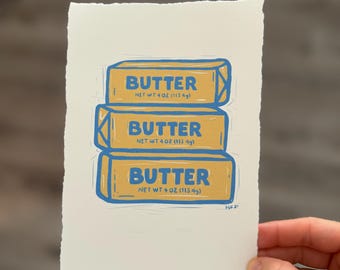 Butter //Digital Linocut Block Print // 4x6 // 5x7 // Digital Hand Drawn Art on Deckled Edge Paper