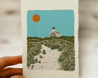 Block Island Rhode Island // Digital Linocut Block Print // 4x6 // 5x7 // Digital Hand Drawn Art on Deckled Edge Paper