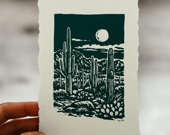 Saguara National Park // Digital Linocut Block Print // 4x6 // 5x7 // Digital Hand Drawn Art on Deckled Edge Paper