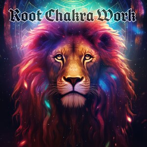 May include: A colorful illustration of a lion's head with a mane of red, orange, blue, and purple. The lion's eyes are open and the background is a dark blue with stars. The text "Root Chakra Work" is written in a bold, black font above the lion's head.