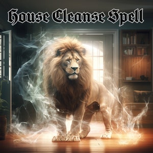 May include: A large, golden lion stands in a room with a doorway and a bookshelf. The lion is surrounded by a swirling mist, creating a magical atmosphere. The text "House Cleanse Spell" is written in bold, black letters at the top of the image.