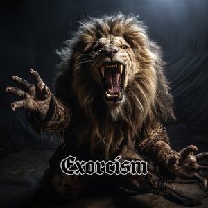Puede incluir: Un león rugiente con una expresión feroz, su melena fluyendo alrededor de su cabeza. El león está en un entorno oscuro, con la palabra "Exorcismo" escrita en negrita, en fuente gótica debajo.