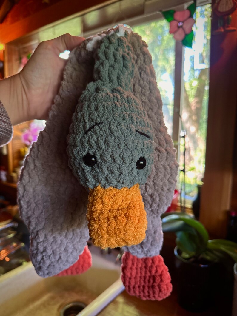 May include: A crocheted plush toy shaped like a duck with a gray head, orange beak, and pink feet. The duck is hanging from a hand.