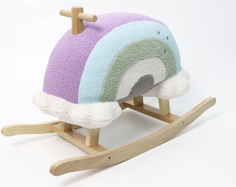 Hopscotch Squad Rainbow Rocker Fully Assembled Natural Wood Rocking Horse with Soft Fleece MULITI-COLOR Puffy Plush Clouds